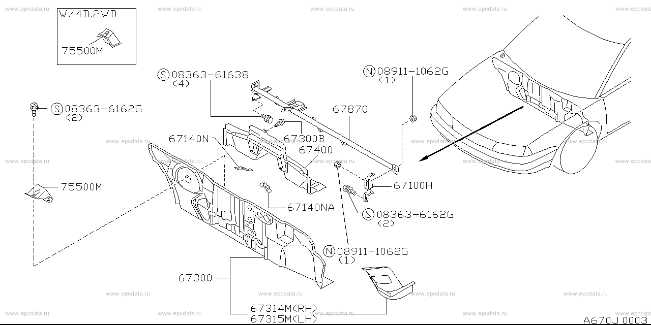 Dash panel & fitting (body) for Nissan Wingroad Y10, 1 generation 05. ...