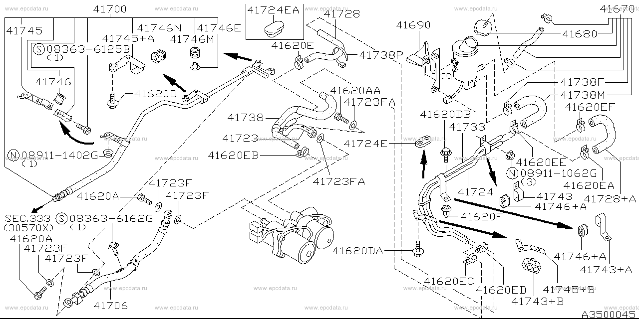 Applies: HI.4WD.RB20DT +RB26DTT; Description: ＥＴＳアクチュエーター  配管; Period: 08.1989 - 08.1991