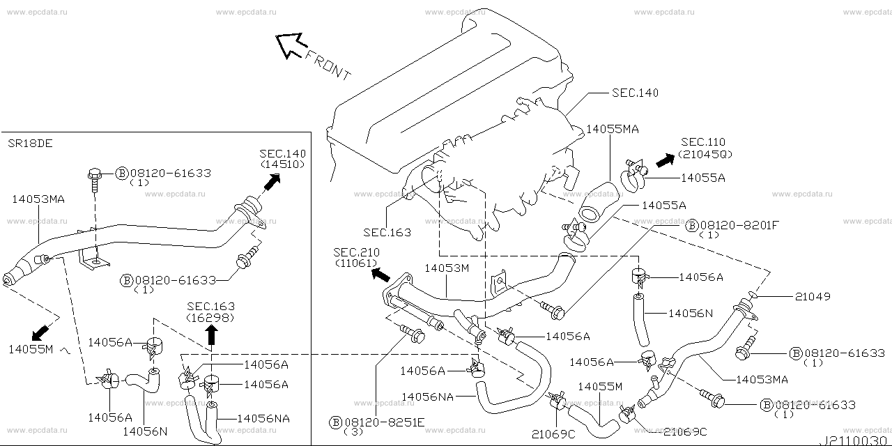 Water hose & piping (engine) for Nissan Bluebird U14, 10 generation ...