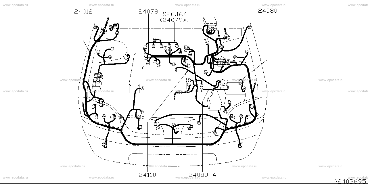 Applies: W.SR20DE; Description: エンジンルーム  ハーネス  立体図; Period: 12.1998 - 04.2000