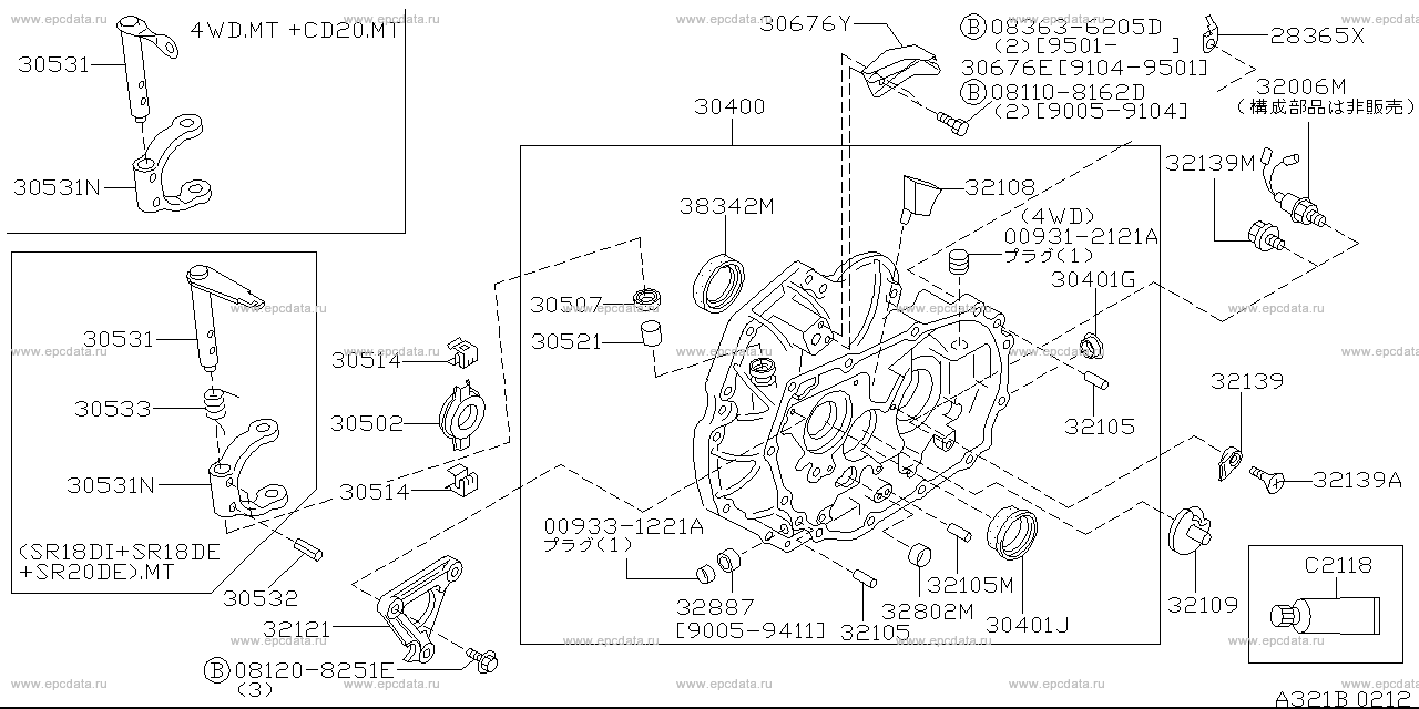 Applies: 4WD.MT +(SR18DE+SR20DE+CD20).MT; Description: クラッチ  ハウジング (RS5F32A/V); Period: 11.1994 - 08.1995